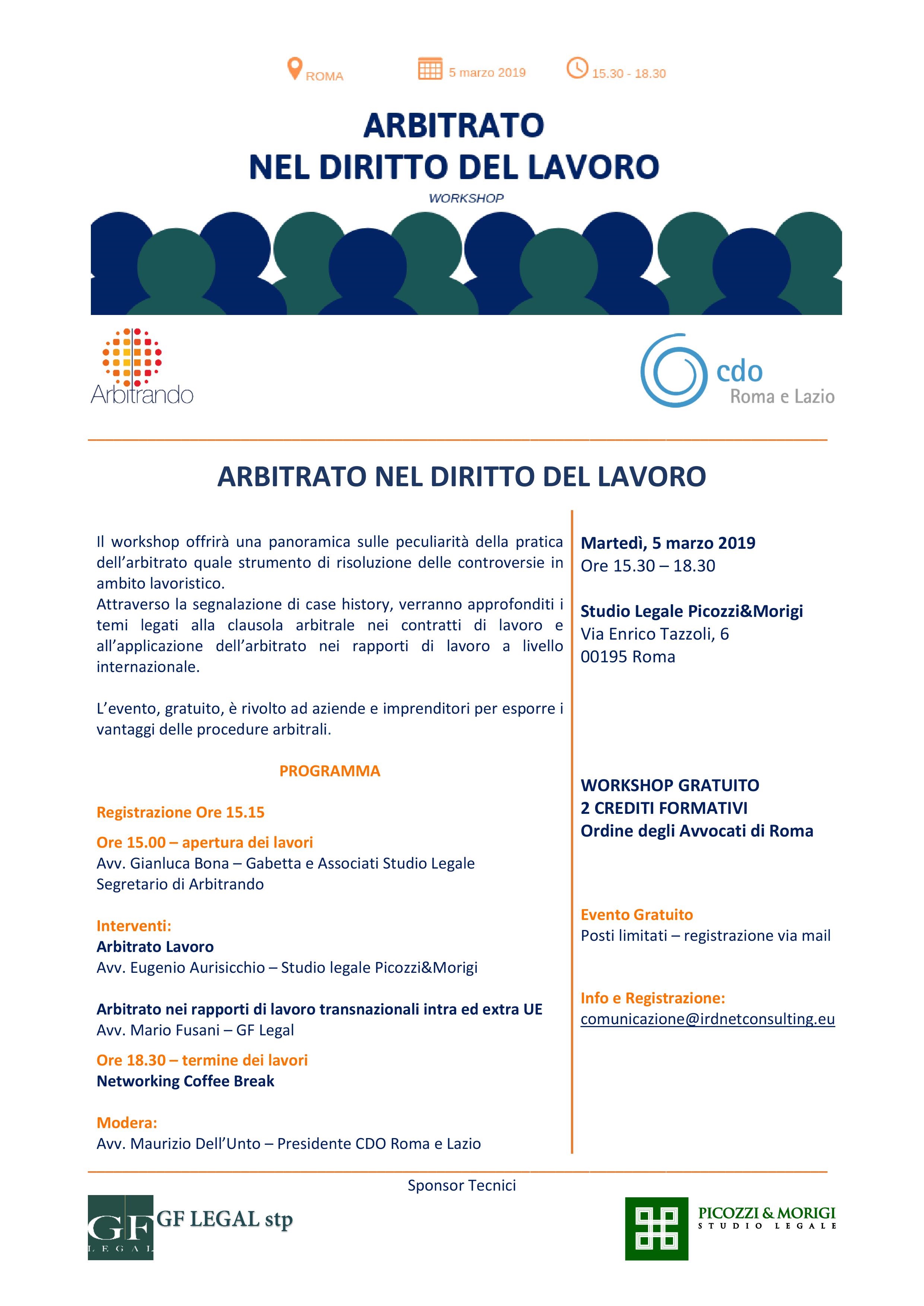 ARBITRATO NEL DIRITTO DEL LAVORO Locandina workshop 05.03.2019