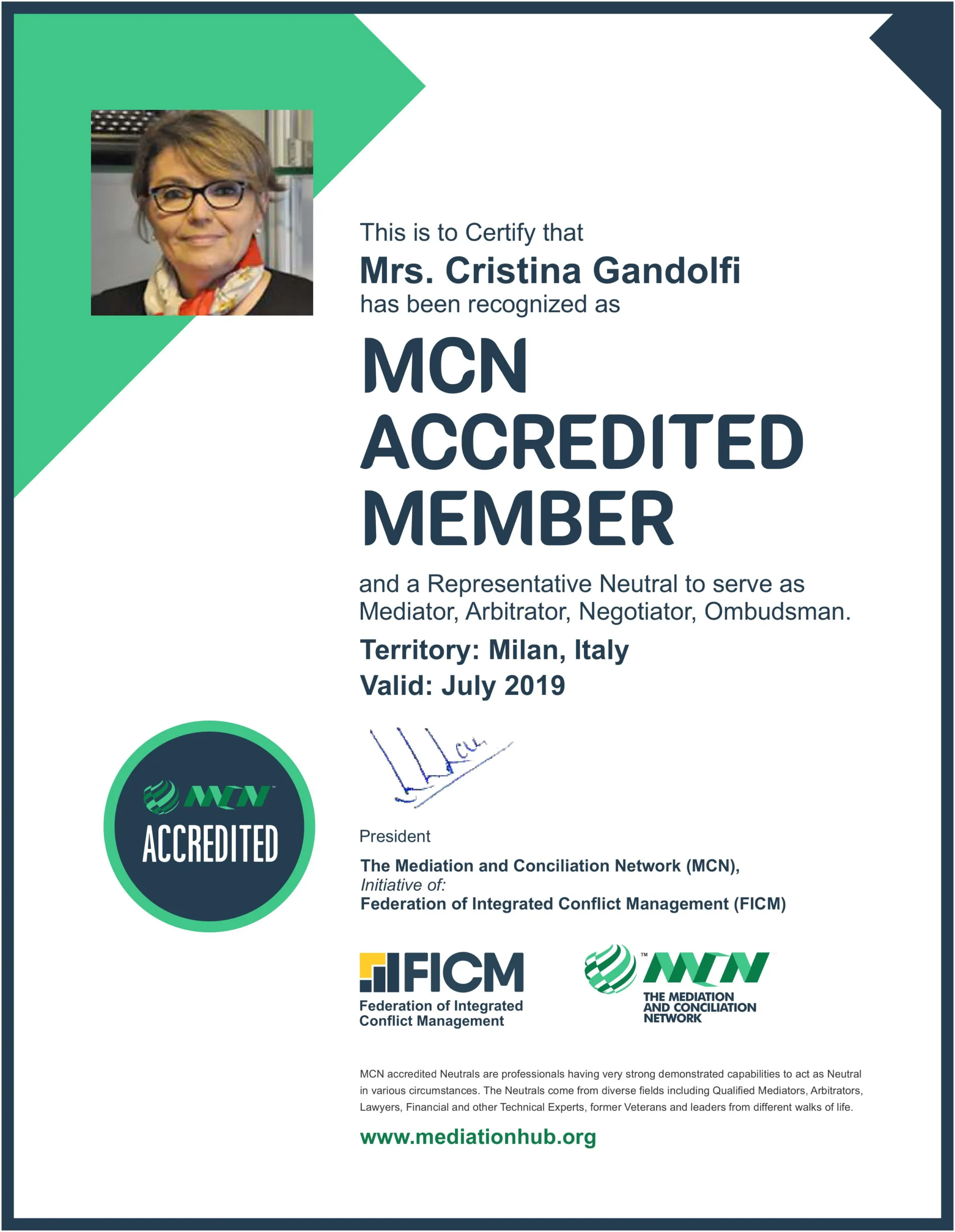 Mrs Cristina Gandolfi FICM MCN Accredited Neutral